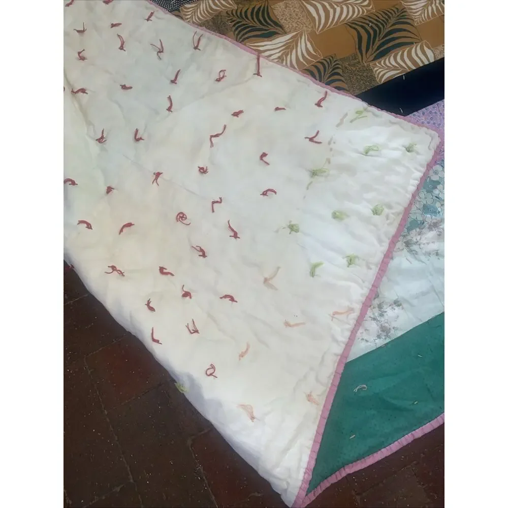 Vintage Handmade Hand Knotted Twin Sz Cotton Quilt Patchwork 77”x 58”